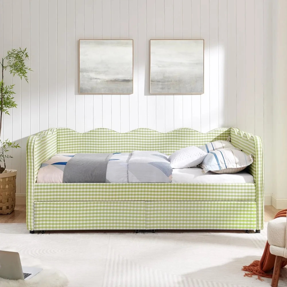 Twin Size Sofa Bed with Trundle, USB Port, Linen Fabric - Navy & Pink Gingham Design