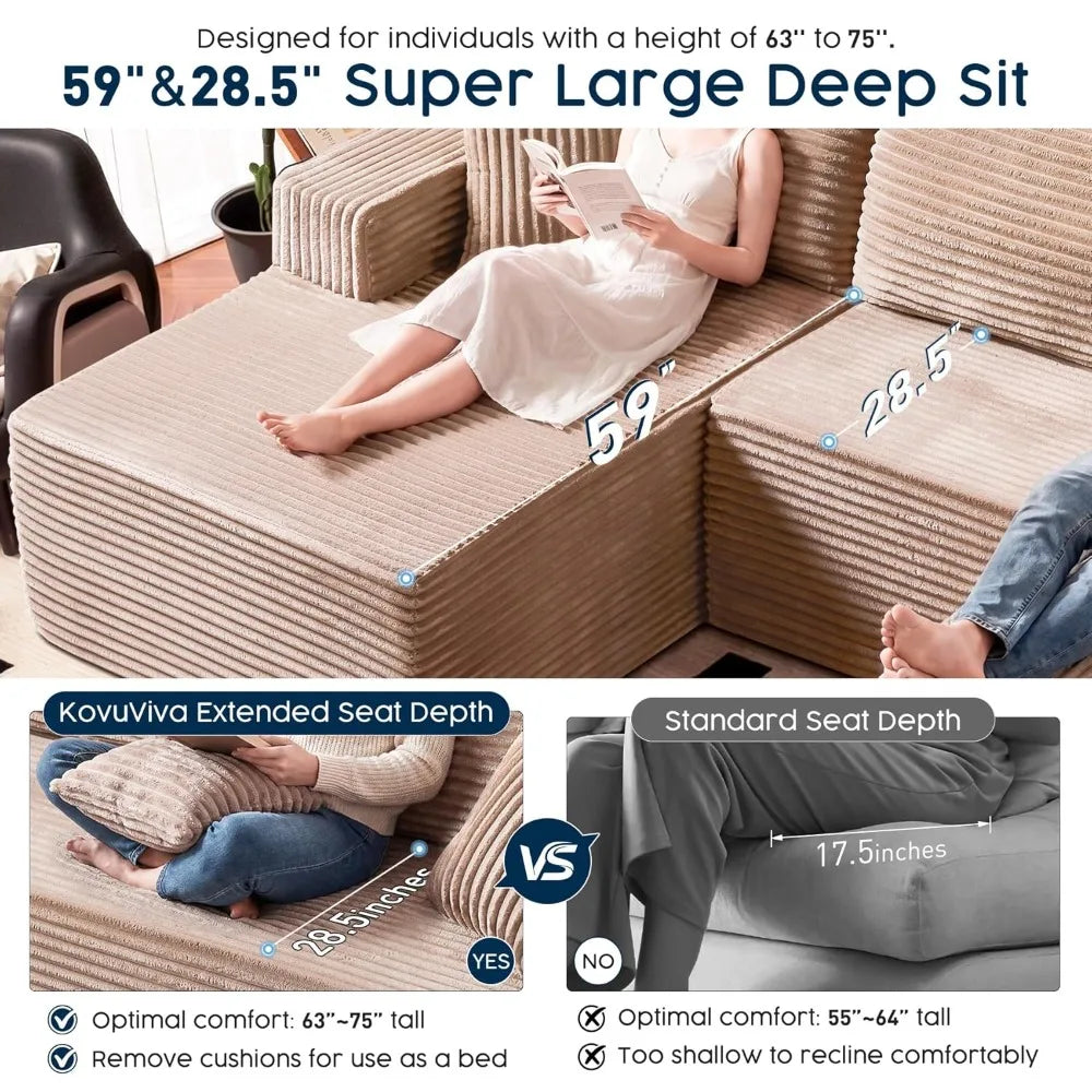 No Assembly Cloud Modular Sectional Sofa，108" U-Shape Corner Couch with Ottoman - Plush Corduroy, Deep Seating,Customized