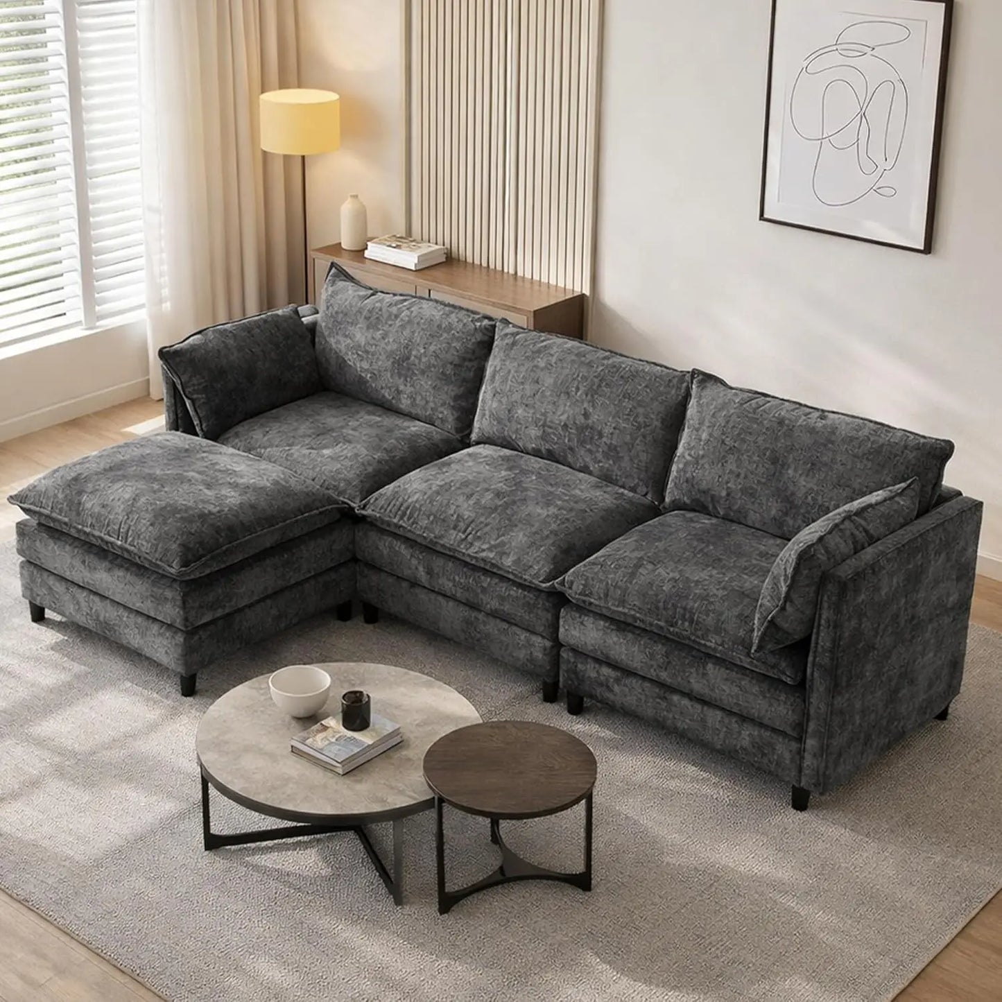 108" L Shaped Couch, Modular Sectional Sofa, Chenille Cloud Couch with Movable Ottoman, 3 Deep Seat Small Sectional, Customized