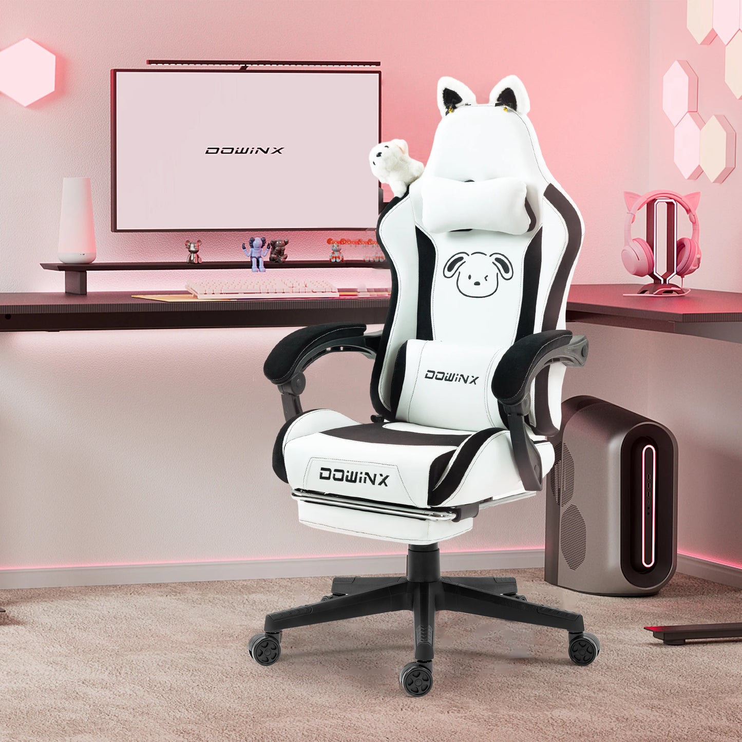 Dowinx Gaming Chair Cute with Cat Ears and Massage Lumbar Support, Ergonomic Computer Chair for Girl with Footrest and Headrest
