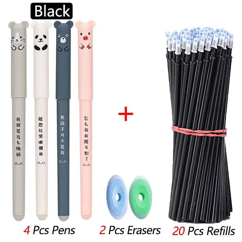 4+2+20 Pcs/Set Kawaii Erasable Gel Pens 0.35mm Waterproof  Blue/Black/Red Gel Ink Stationery School supplies for Office Student