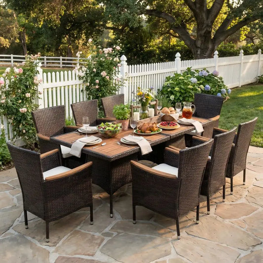 10Pieces Outdoor Patio Table and Chairs, Rattan Patio Table Set with Acacia Wood Tabletop, Patio Dining Furniture Set for 8 wit