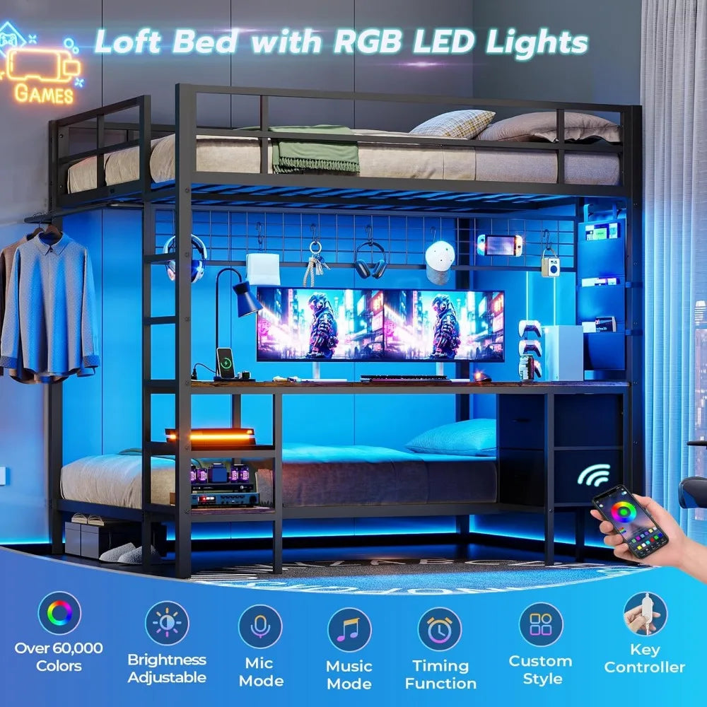 Full Over Twin Bunk Bed with Desk and Charging Station Metal Full Size Over Twin Loft Bed with Led Lights & Storage Shelves