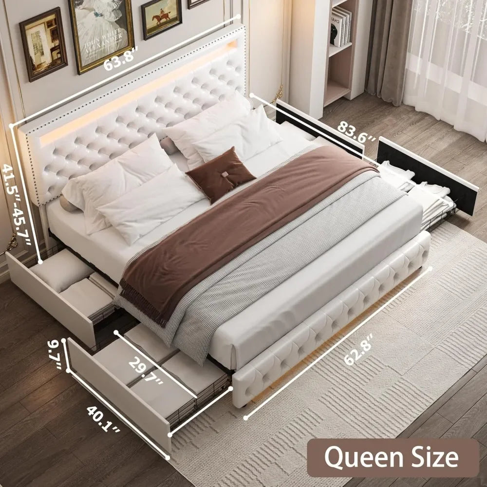 LED Bed Frame with 4 Drawers, RGB LED Light Headbaord Footboard, Adjustable Upholstered Headboard Diamond Bed Frame