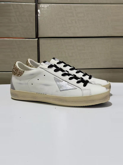 Spring Summer Fashion Casual Low-top Shiny Shoelaces Shoes Women's Round Toe Patchwork Diamond Heel Flat Bottom Sports Shoes