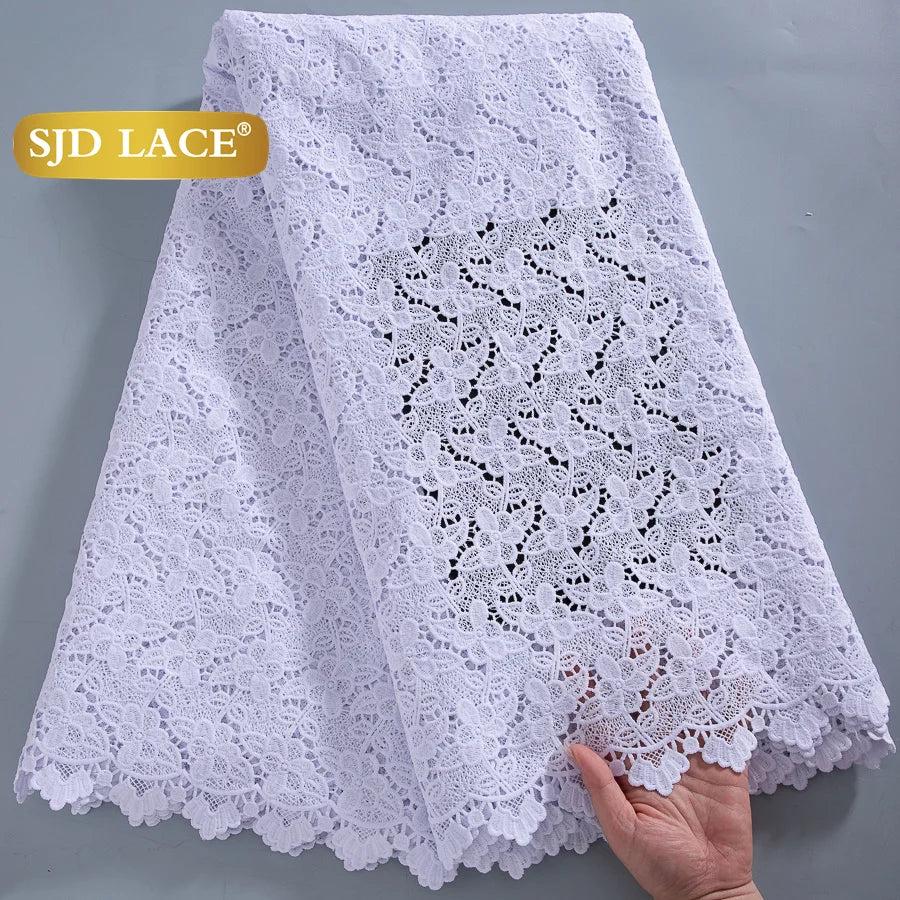 SJD LACE African Sequins Guipure Cord Lace Fabrics 5 Yards White 2025 New Nigerian Water Soluble Lace For Women Dresses Sew 4197