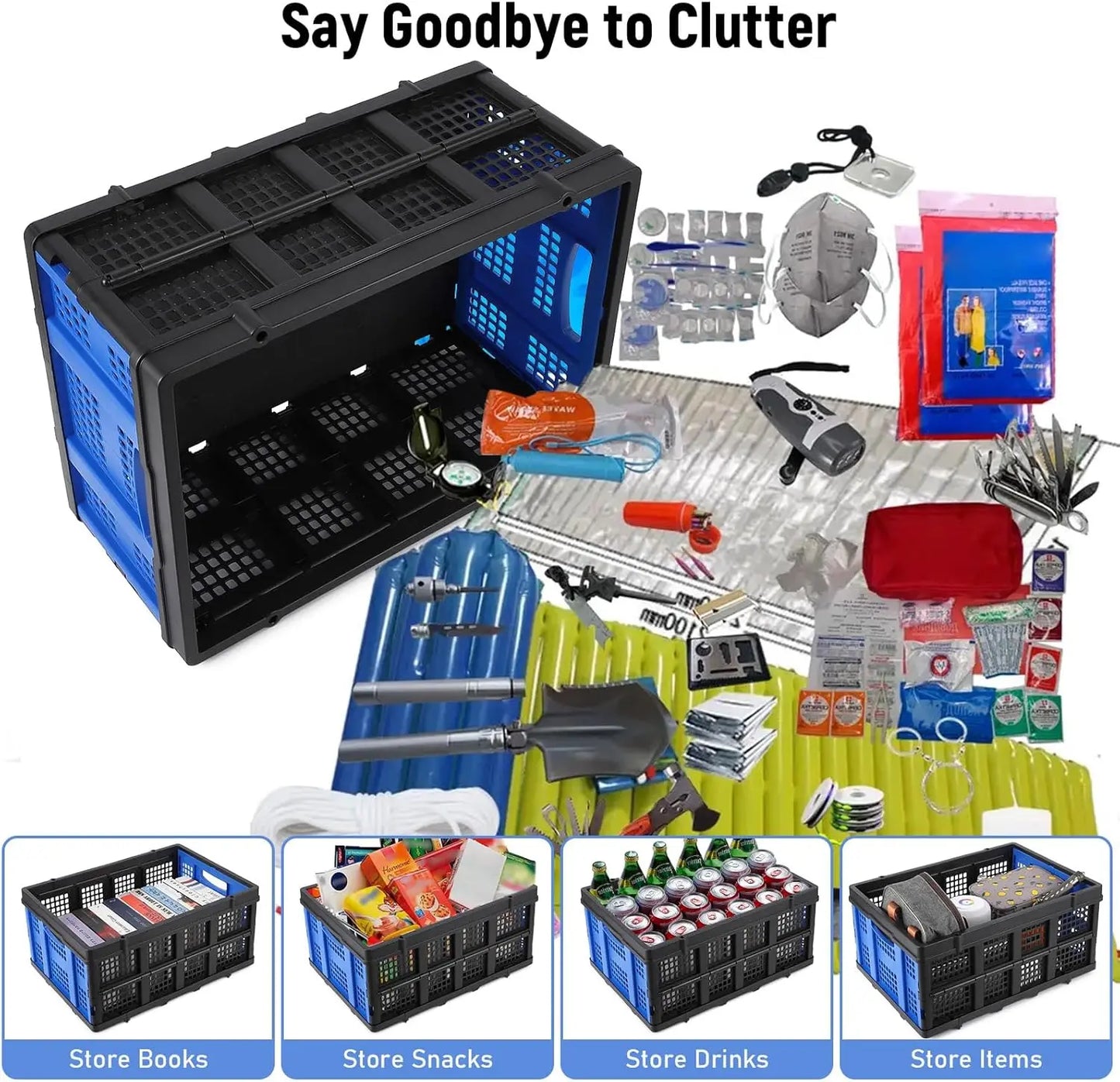 55L Heavy-Duty Collapsible Plastic Crate Foldable Storage Basket with Side Handles, Stackable Design for Food Drinks Books Tools