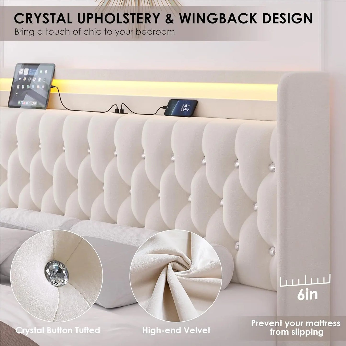 Queen LED Bed Frame with Charging Station and 4 Storage Drawers, Velvet Upholstered Platform Bed with Handcrafted, Customized
