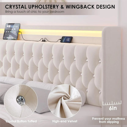 Queen LED Bed Frame with Charging Station and 4 Storage Drawers, Velvet Upholstered Platform Bed with Handcrafted, Customized