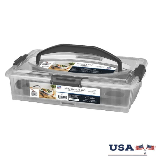 Rectangular Dessert Carrier Clear Plastic with Dark Gray Handle Secure Clasps Slice and Serve Utensil Stackable Food Storage