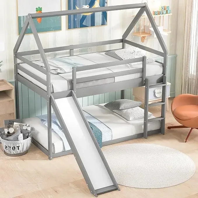 House Bunk Bed with Convertible Slide and Ladder, Floor Bunk Bed Twin Over Twin Bunk Bed with Roof and Security Guardrails
