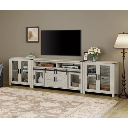 TV Stand Set for 100 inch TV,Door Storage Cabinet with Mesh for Living Room,Farmhouse Storage Units with Open and Adjusta