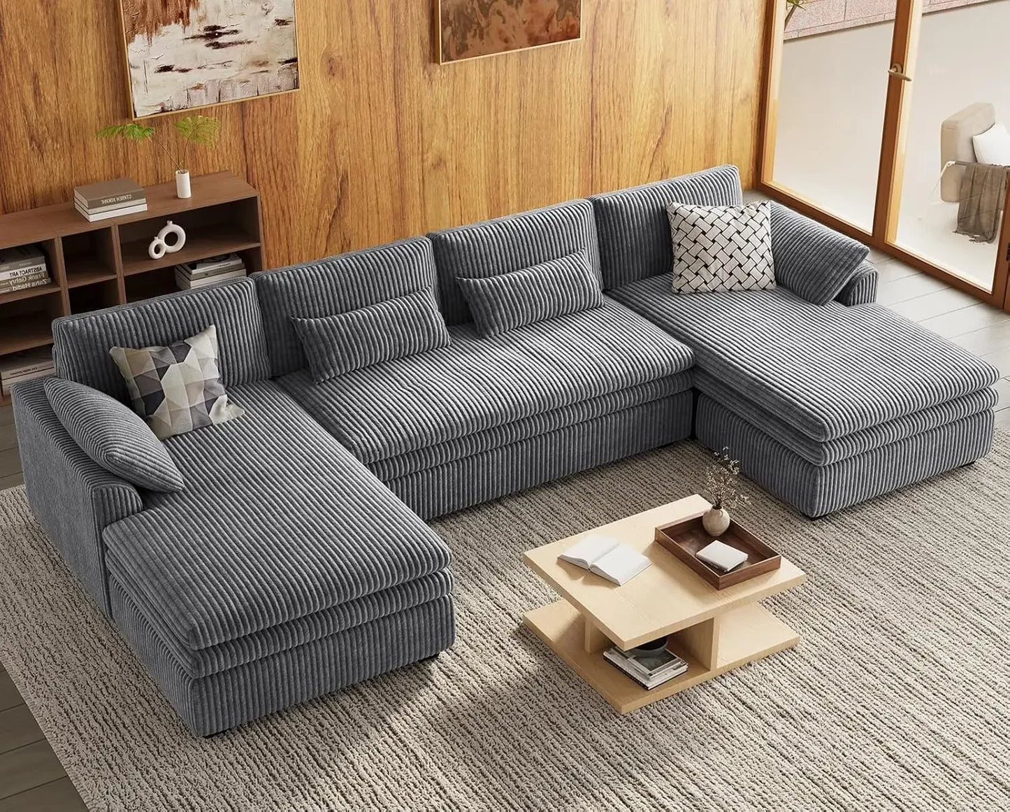 Large Modular Sectional Sofa with Deep Chaise, 104" Corduroy L Shaped Couch with 9" Soft Dual-Layer Seats Cushion Customized