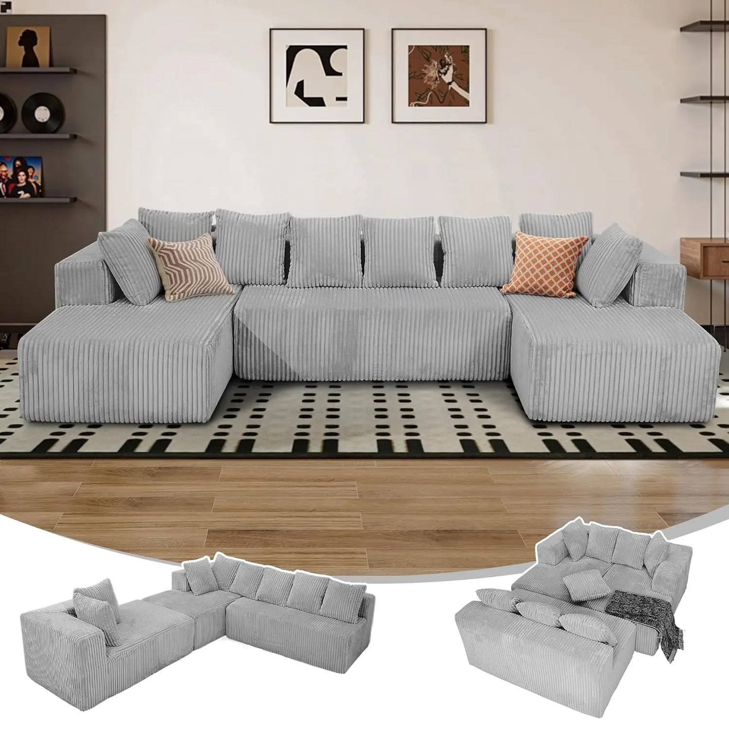 130" U Shaped Boneless Couch, Cloud Boneless Sectional Couches for Living Room, Modular Spineless Sofa Bed with, Customized