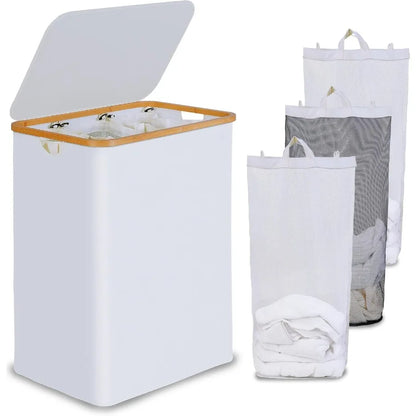 Double Laundry Hamper with Lid and 2 Removable Bags for Efficient Sorting 2Section Design with Bamboo Handles Ideal for Bathroo