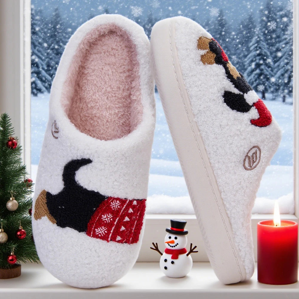 Xmas Dachshund Plush Slippers Flat Thermal Slippers Comfortable Fluffy Home Slippers Anti Slip Soft Furry Slipper for Men Women