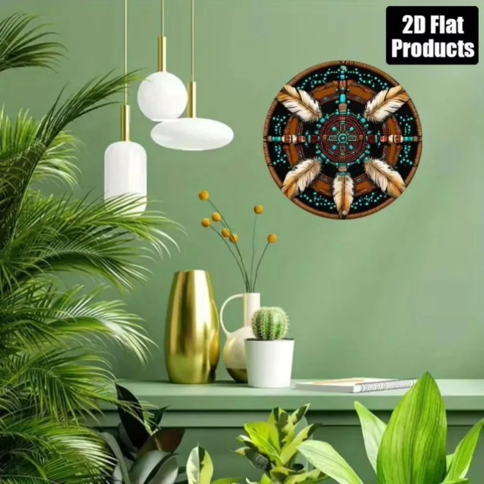 Native American-Themed 2D Flat Circular Aluminum Wall Plaque–8x8 Inch Vibrant Tribal Design in Turquoise, Orange, Brown & More"