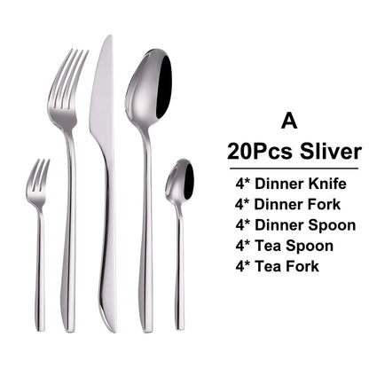 6/16/20/24/28Pcs Cutlery Set Stainless Steel 304 Tableware Mirror Sliver Dinner Set Western Knife Fork Spoon Elegant Flatware