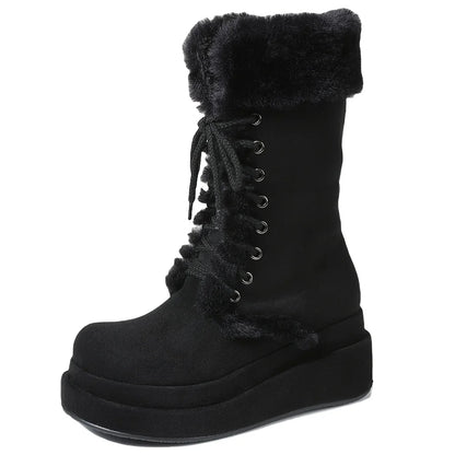 Winter Warm Faux Fur Mid Calf Snow Boots Fashion Platform Wedges High Heels Side Zipper Lace-up Boots for Women