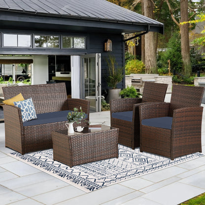 4 Piece Patio Furniture Set, Outdoor Wicker Conversation Sets, Rattan Sectional Sofa Couch with Coffee Table & Seat Cushions for
