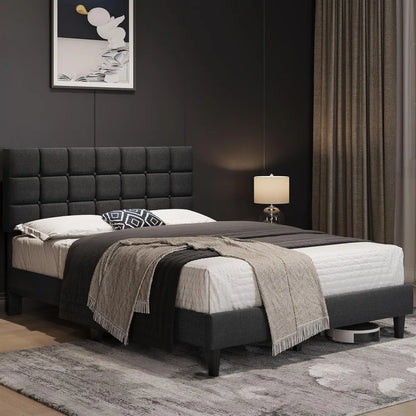 Upholstered Bed Frame, Modern Queen Bed Platform with Square Stitched&Button Tufting Headboard Height Adjustable, Wooden