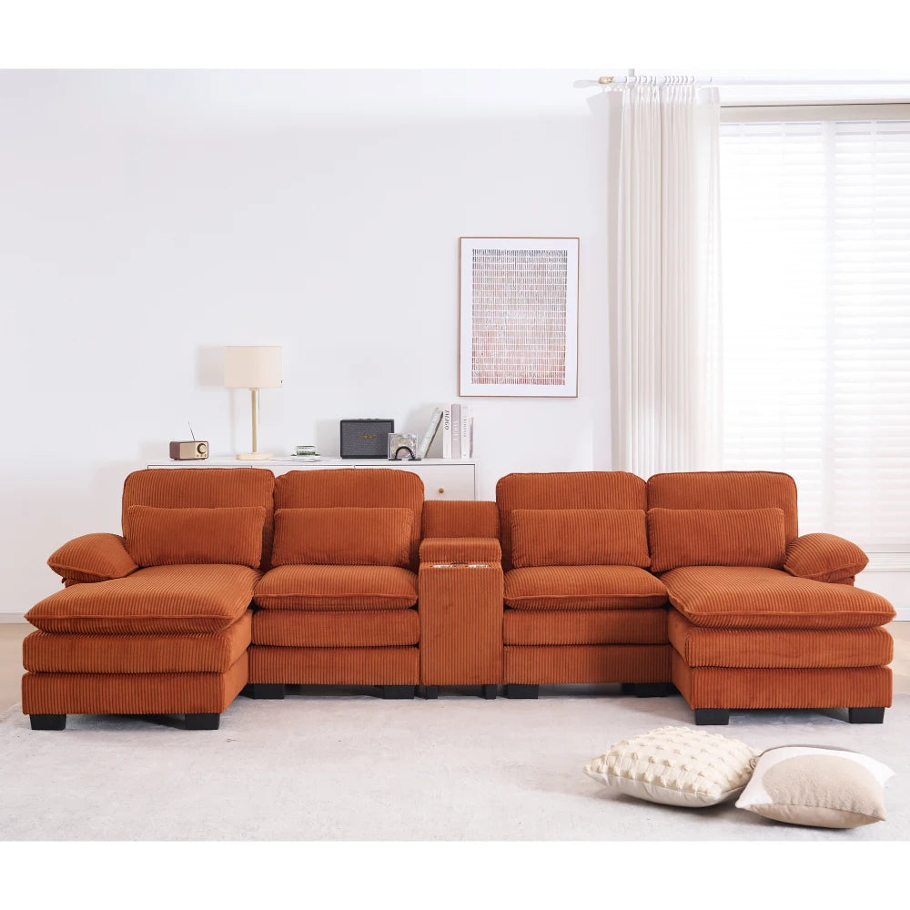 124" Modular U-Shaped Sectional Sofa, 4-Seater Cloud Couch Corduroy Living Room Set w/ Storage Console, Cup Holders, Pillows