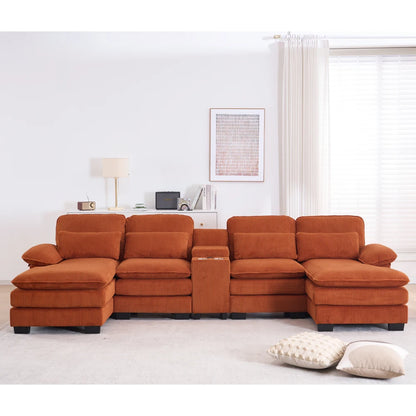 124" Modular U-Shaped Sectional Sofa, 4-Seater Cloud Couch Corduroy Living Room Set w/ Storage Console, Cup Holders, Pillows