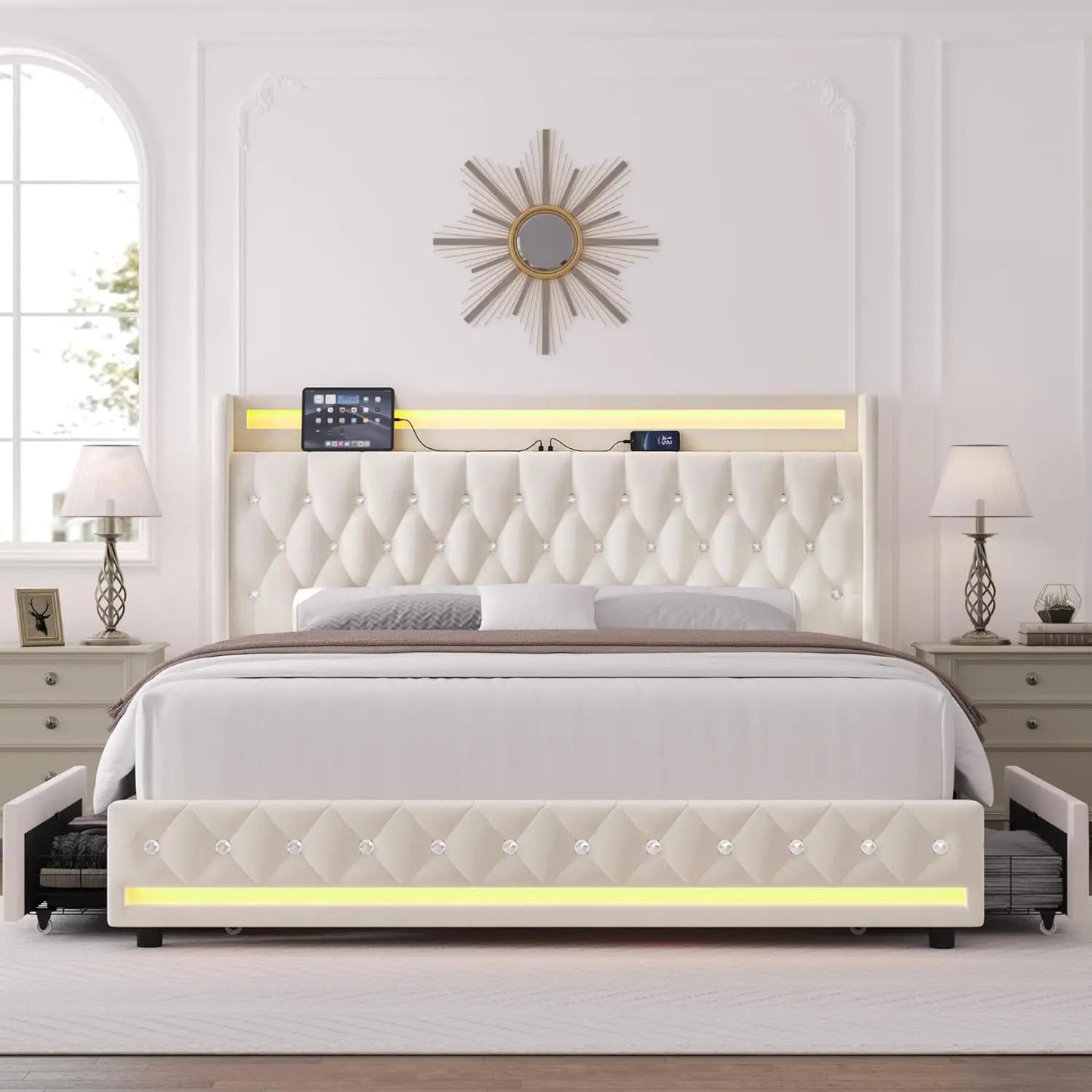 Queen LED Bed Frame with Charging Station and 4 Storage Drawers, Velvet Upholstered Platform Bed with Handcrafted, Customized
