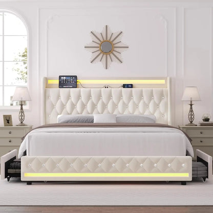 Queen LED Bed Frame with Charging Station and 4 Storage Drawers, Velvet Upholstered Platform Bed with Handcrafted, Customized