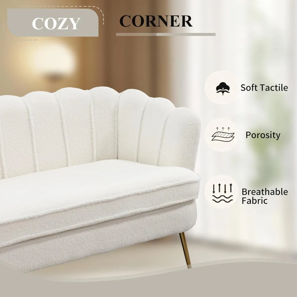 59" Wide Loveseat Sofa, Boucle Upholstered Small Couch with Petal Design, Modern Leisure Sofa with Gold Metal Legs