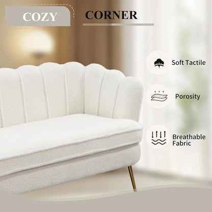 59" Wide Loveseat Sofa, Boucle Upholstered Small Couch with Petal Design, Modern Leisure Sofa with Gold Metal Legs