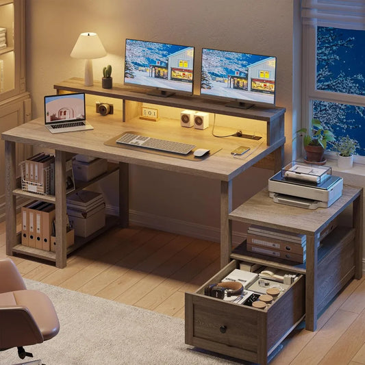 60.4" Computer Desks with Drawer & LED Light, Office Desk with Monitor Stand, Farmhouse Study Desks with Power Outlet, Work Desk