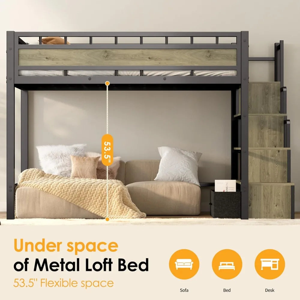 Twin Size Loft Bed with Stairs & Storage - Sturdy Metal Frame, Space Saving Design for Teens & Small Rooms