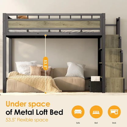 Twin Size Loft Bed with Stairs & Storage - Sturdy Metal Frame, Space Saving Design for Teens & Small Rooms