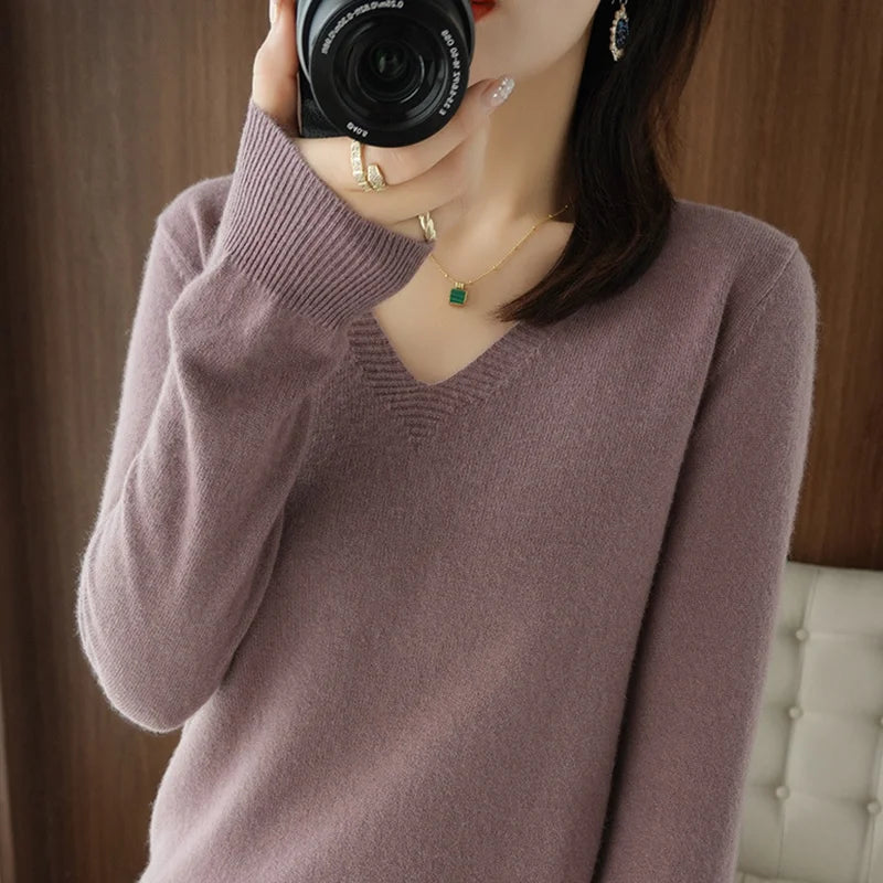 Autumn And Winter Cashmere Sweater New Women's V-neck Pullover Lace Neck Hollow Out Design Casual Knitted Long Sleeve Women's