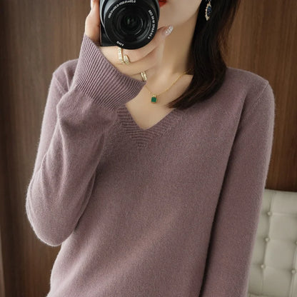 Autumn And Winter Cashmere Sweater New Women's V-neck Pullover Lace Neck Hollow Out Design Casual Knitted Long Sleeve Women's