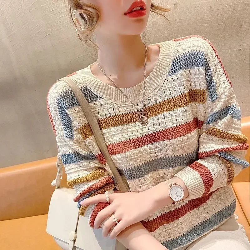 2024 Spring Summer New Hollow Color Striped Knitted Top Women's Loose Fit Cropped Bat Top Thin Cover Ups Crew Neck Pullovers