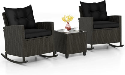 3 Piece Patio Furniture Rocking Bistro Set, Wicker Outdoor Rocking Chairs & Glass Table, PE Rattan Conversation Set