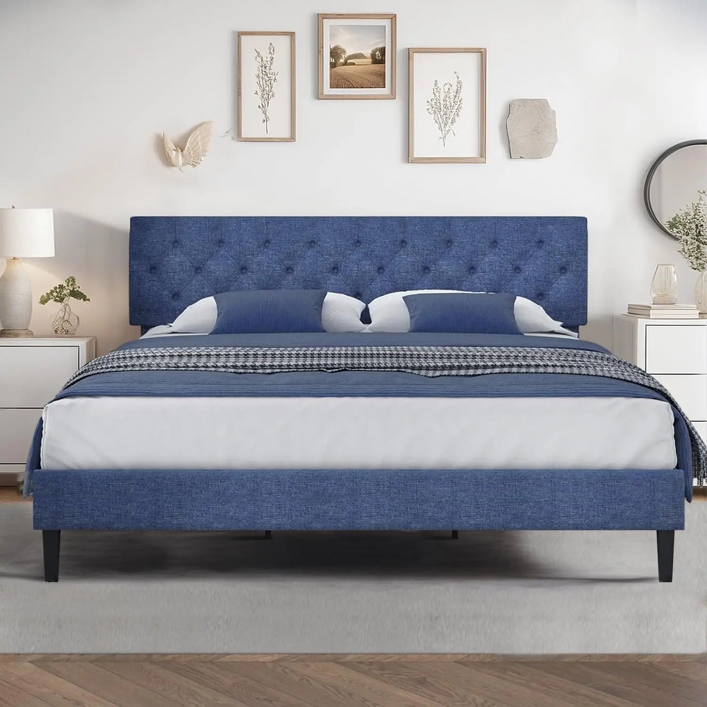 Bed Frame with Headboard, Linen Fabric Upholstered Platform Bed Frame, Button Tufted Bed Frame , Customized