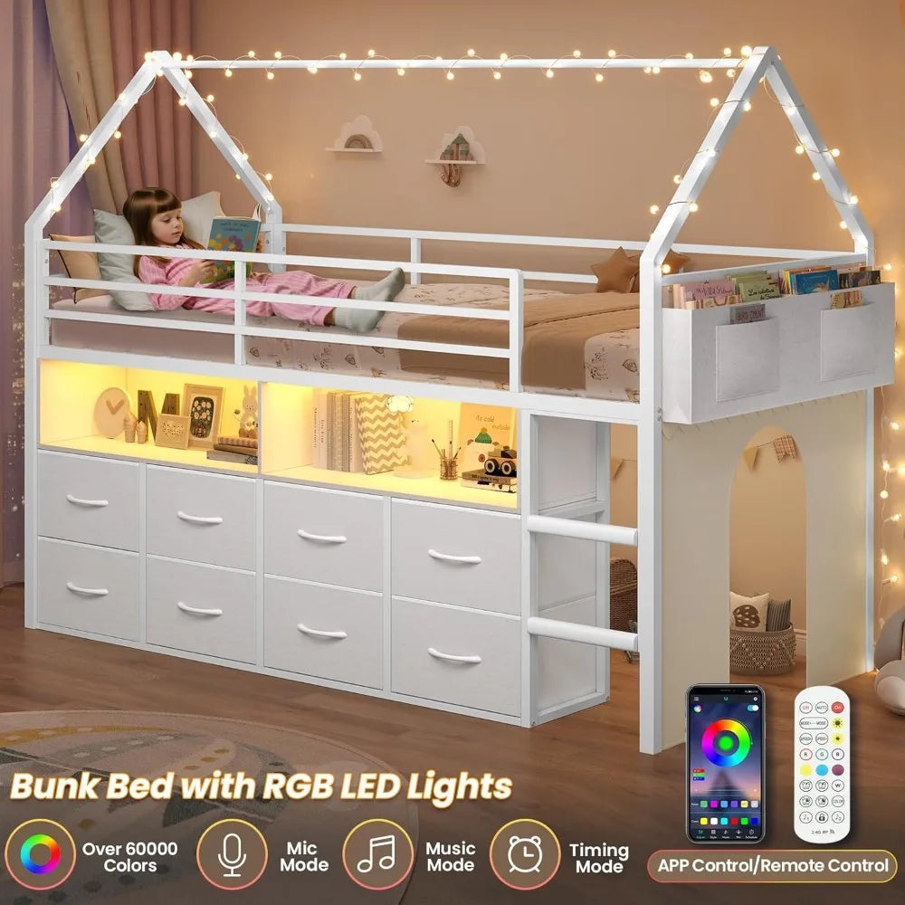 Children's Twin Loft Bed with 8 Storage Drawers, LED Lights, House-Shaped Metal Frame, Bookcase, and Soft Foam Ladder for Enhanc