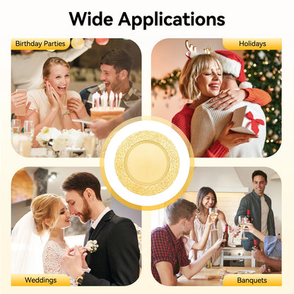 100-Piece Round Charger Plates Set in Black Silver Green Gold with Patterns Reusable Serving Plates for Weddings Banquets