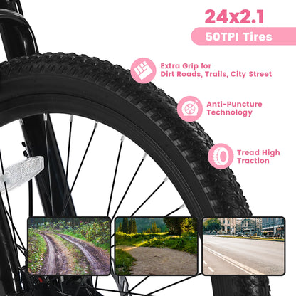 Ecarpat Mountain Bike 24 26 Inch Wheels, 21-Speed Disc Brake, Female Bicycles, 15" Steel Frame Front Fork Suspension