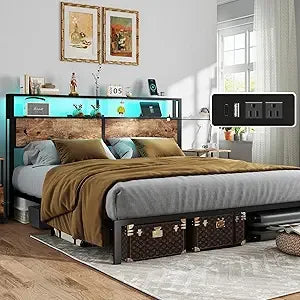 King Size Bed Frame with Headboard, Metal Platform Bed Frame with LED Lights & Charging Station, Under Bed Storage, Solid and St