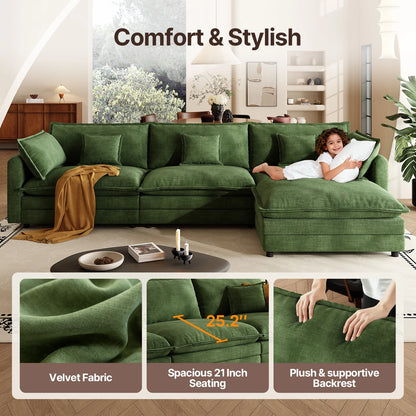 111.5" L Shaped Modern Sofa Modular Sectional Cloud Couch with Ottoman, 4-Seat Chenille Deep Seat Sofa with Pillow for Living Ro