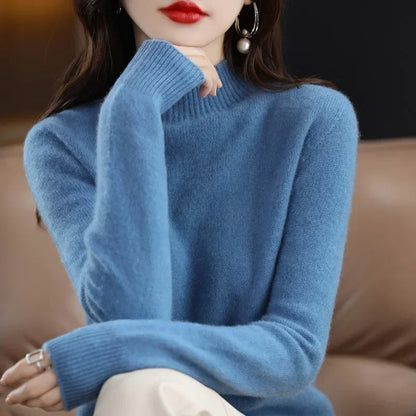 Women's Knitwear Autumn Winter Sweater Korean Basic Solid Long Sleeve Pullovers Warm Bottoming Shirts Half High Collar Black Red