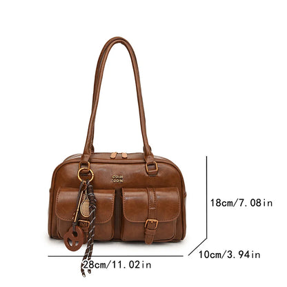 Women Multi Pockets Shoulder Bag with Pendant Retro Underarm Bag Vintage Armpit Bag Travel Shopping Date Handbag