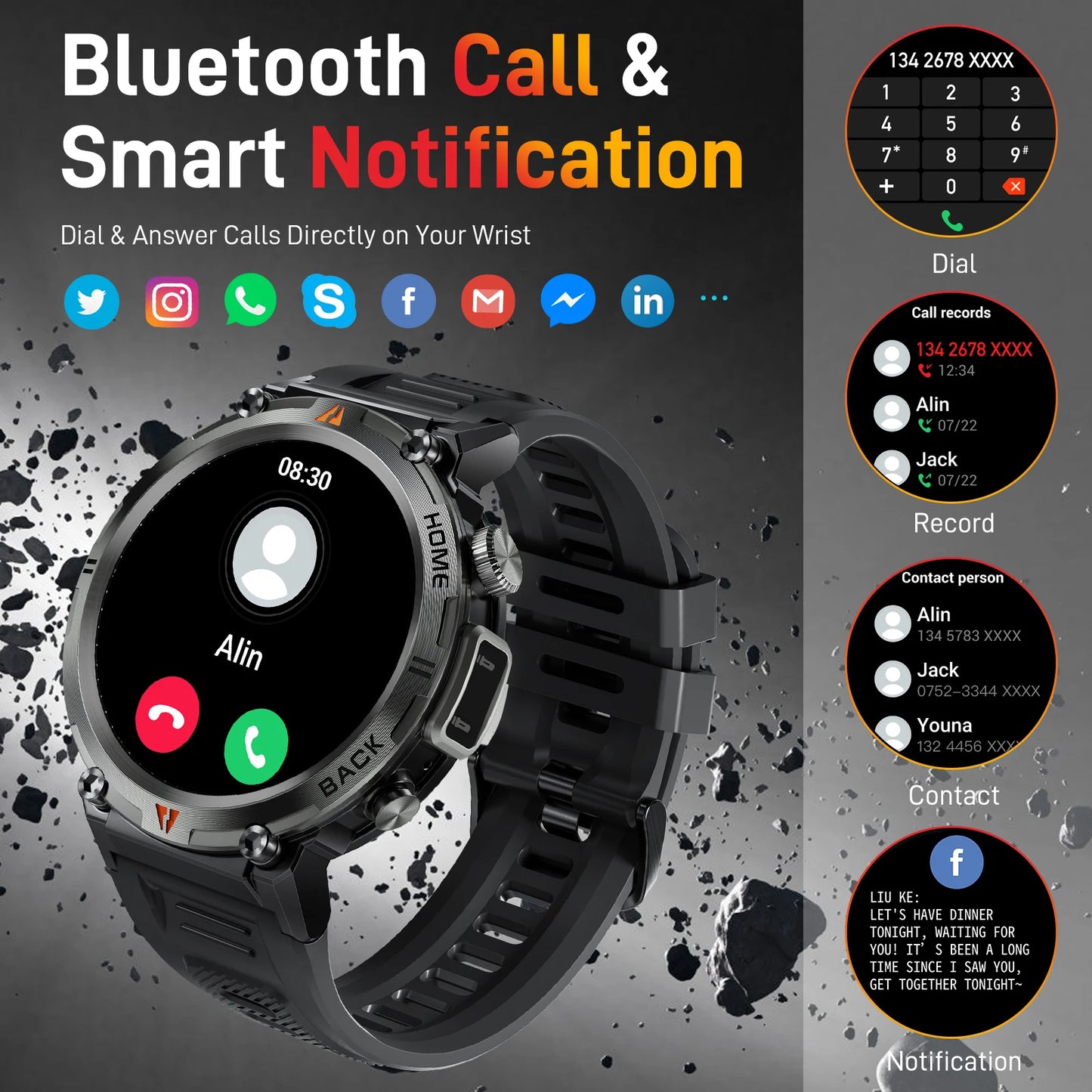 LaNikar KE3 Black Bluetooth Call Smart Watch Men Full Touch Screen Health Monitor With Flashlight Men SmartWatch For ios  Androi