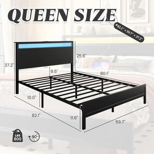 Queen Bed Frame with LED Lights, Charging Station, Storage Shelf, Noise-Free Design, Easy Assembly in Classic Black