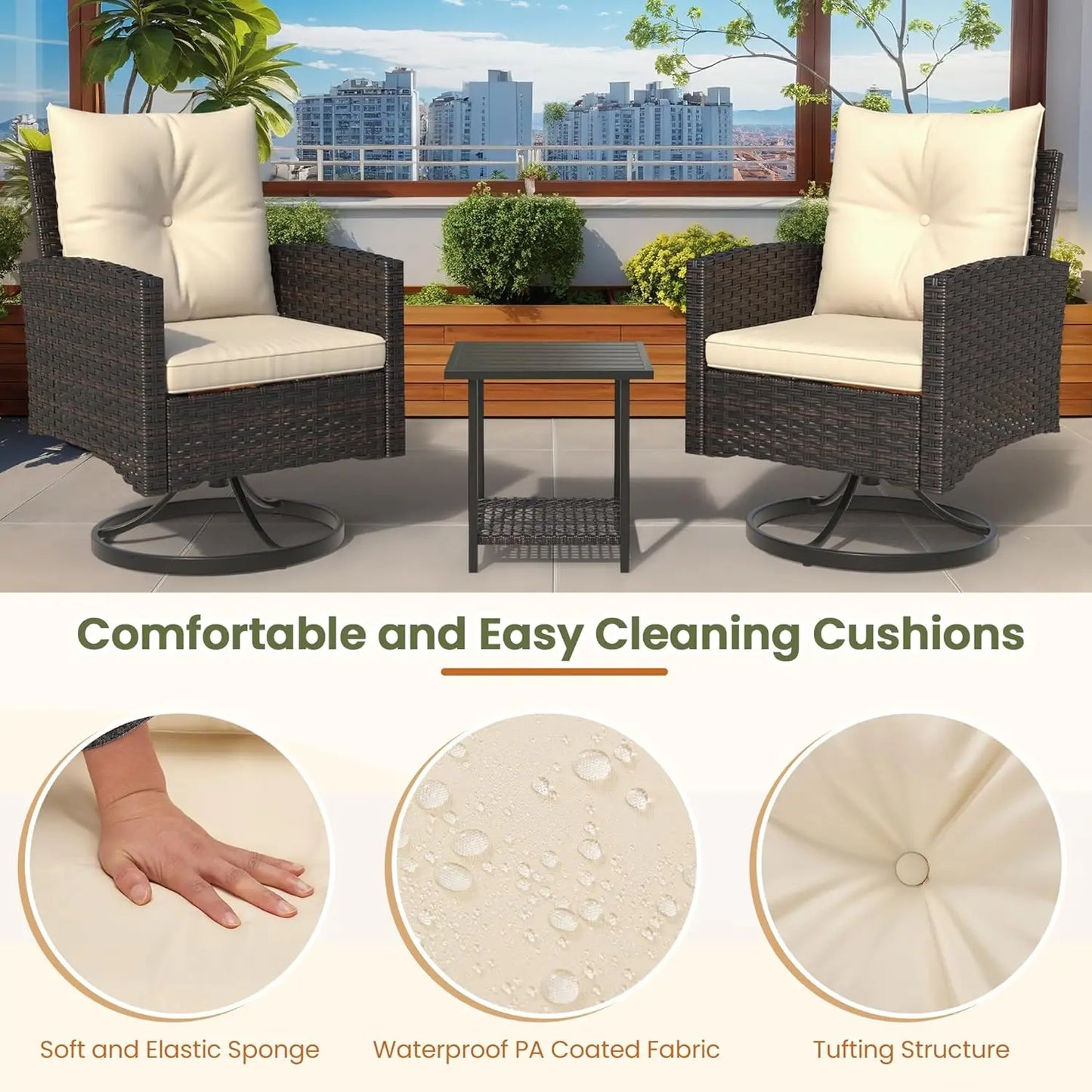 3-Piece Patio Furniture Set, Outdoor Swivel Rocker Patio Chairs Furniture Set of 2 with Matching Side Table