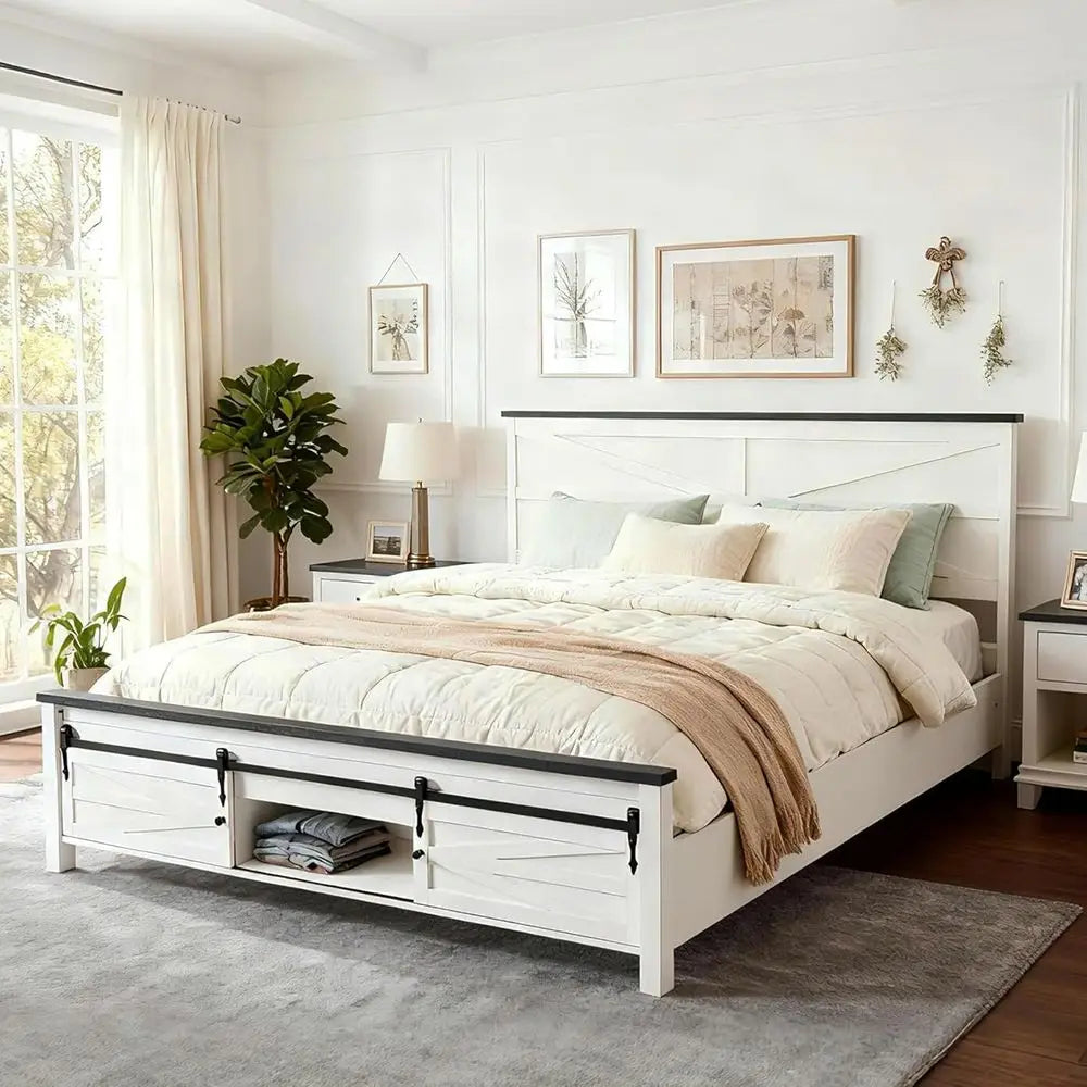 JXQTLINGMU Farmhouse King Size Bed Frame with 47" Tall Headboard, Wood King Bed Frame with Storage Cabinet, Solid Wood Slats Sup